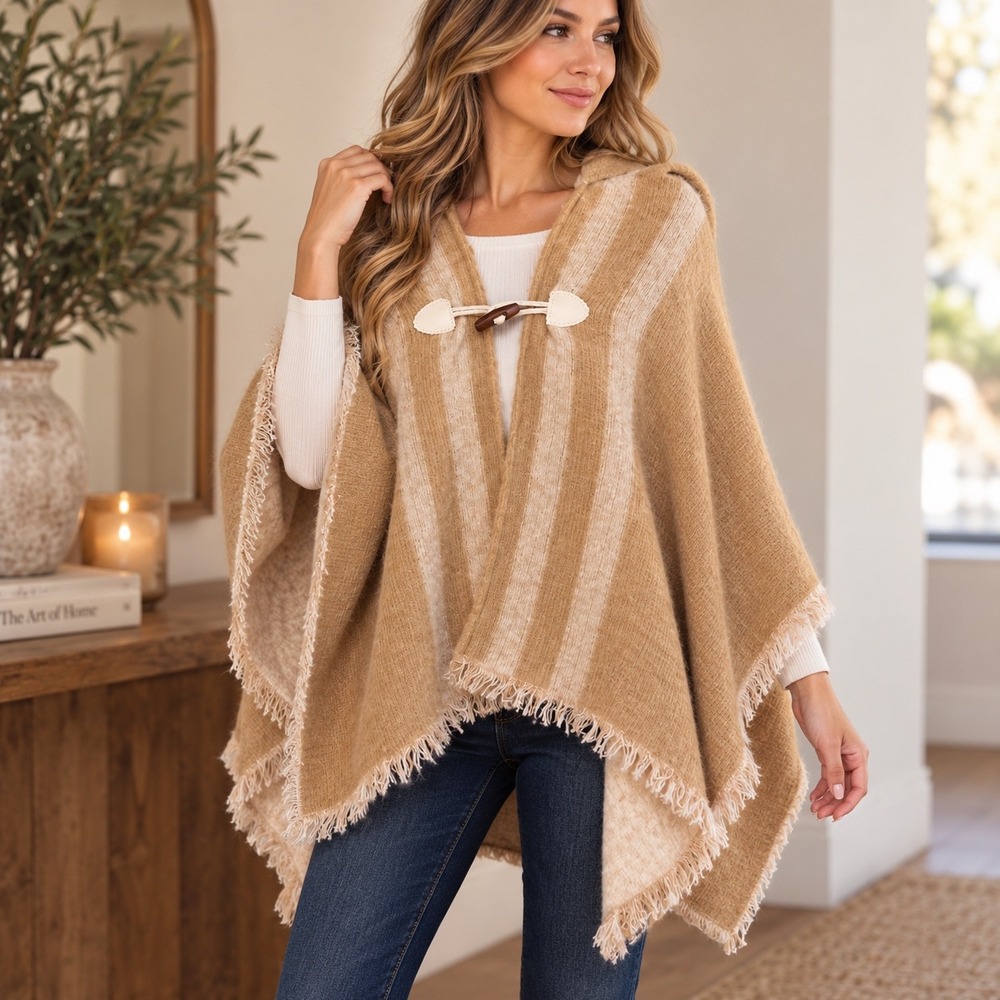 Tahari Women's Camel Cropped Hooded Striped Poncho Wrap Toggle Fringe OSFM NWT
